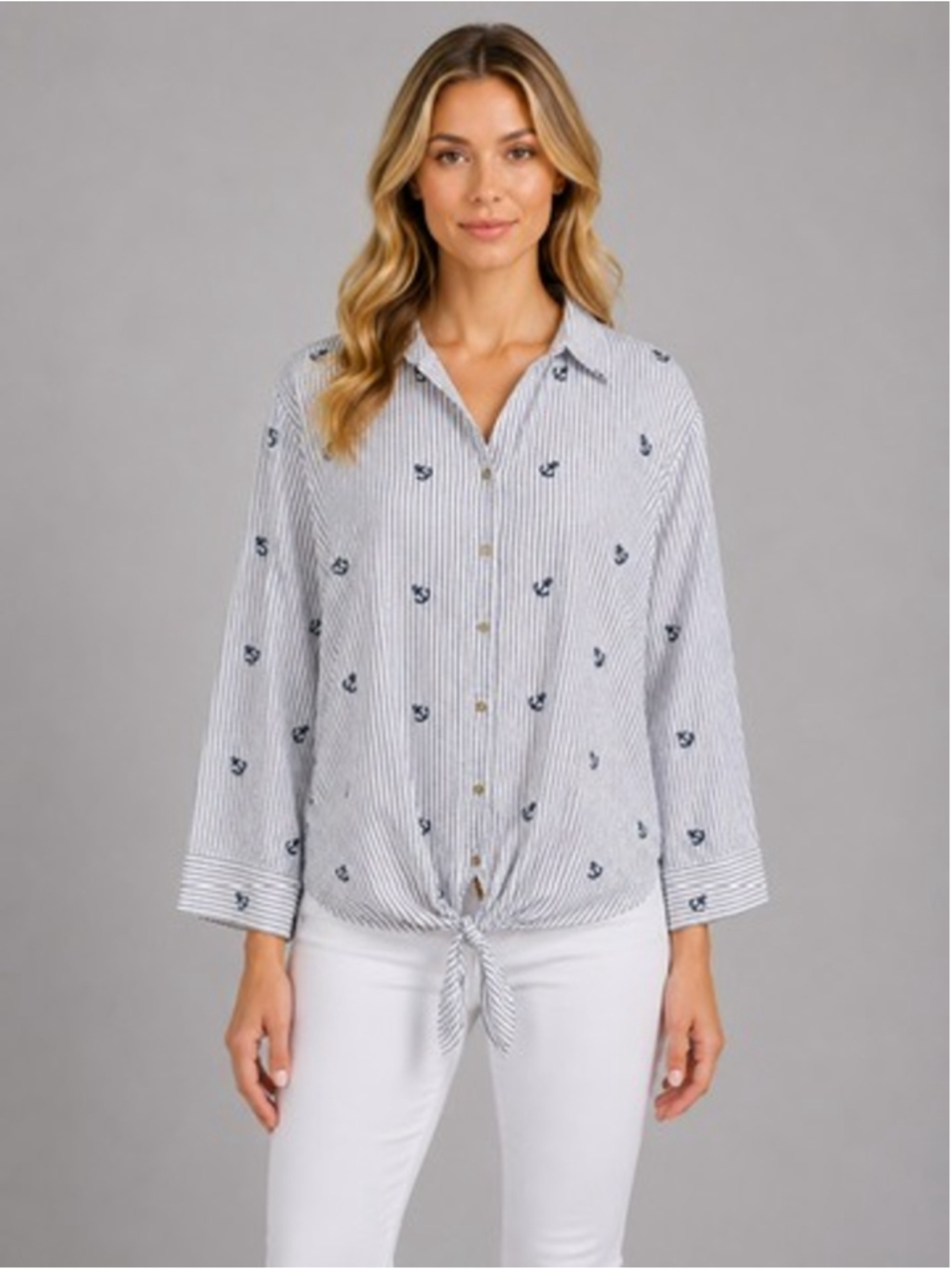 Chicos Nautical Striped Button Up Shirt Tie Front Embroidered Anchors XL Size 3